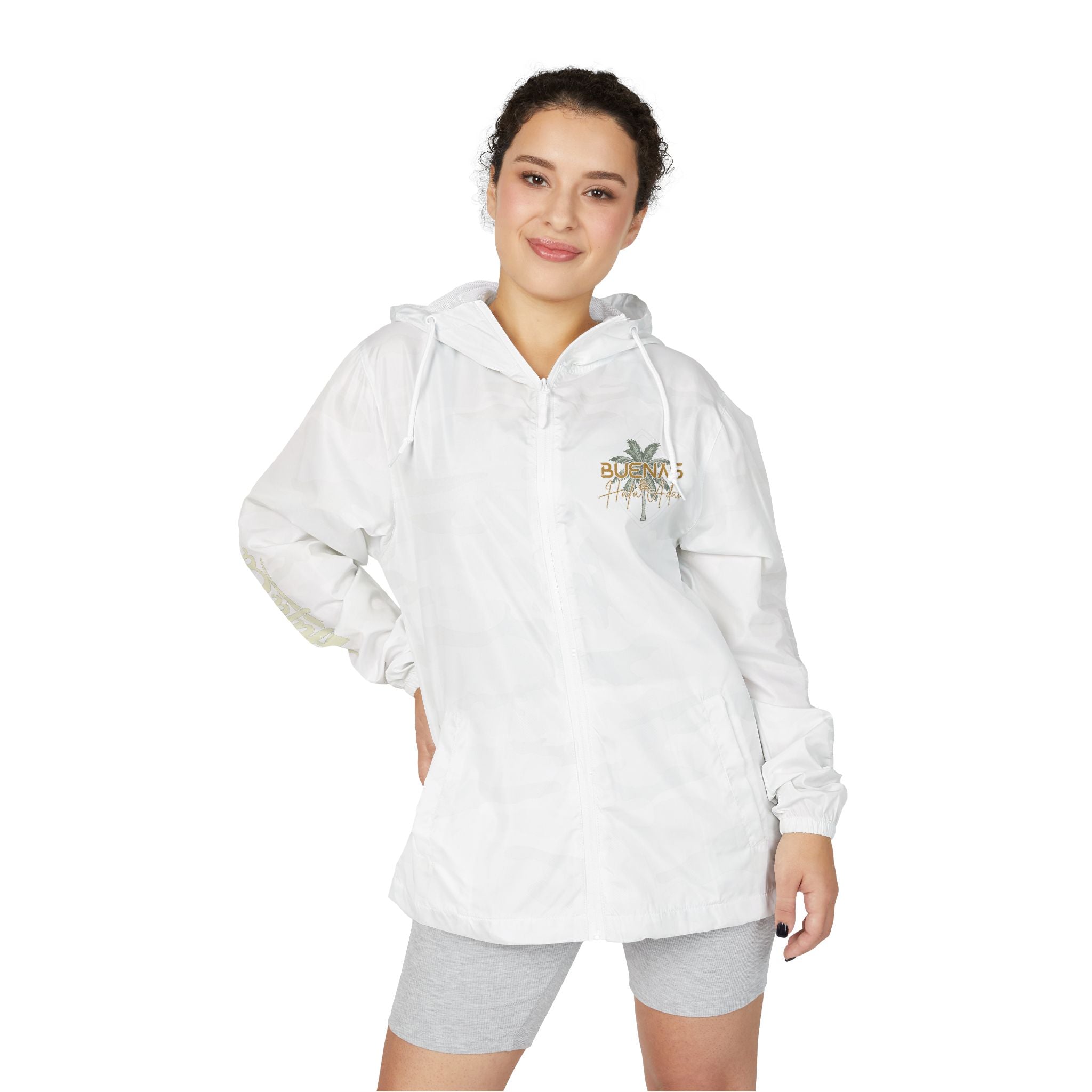 Windbreaker Jacket — 'Buenas & Hafa Adai ' Palm Tree Lightweight Hooded Jacket
