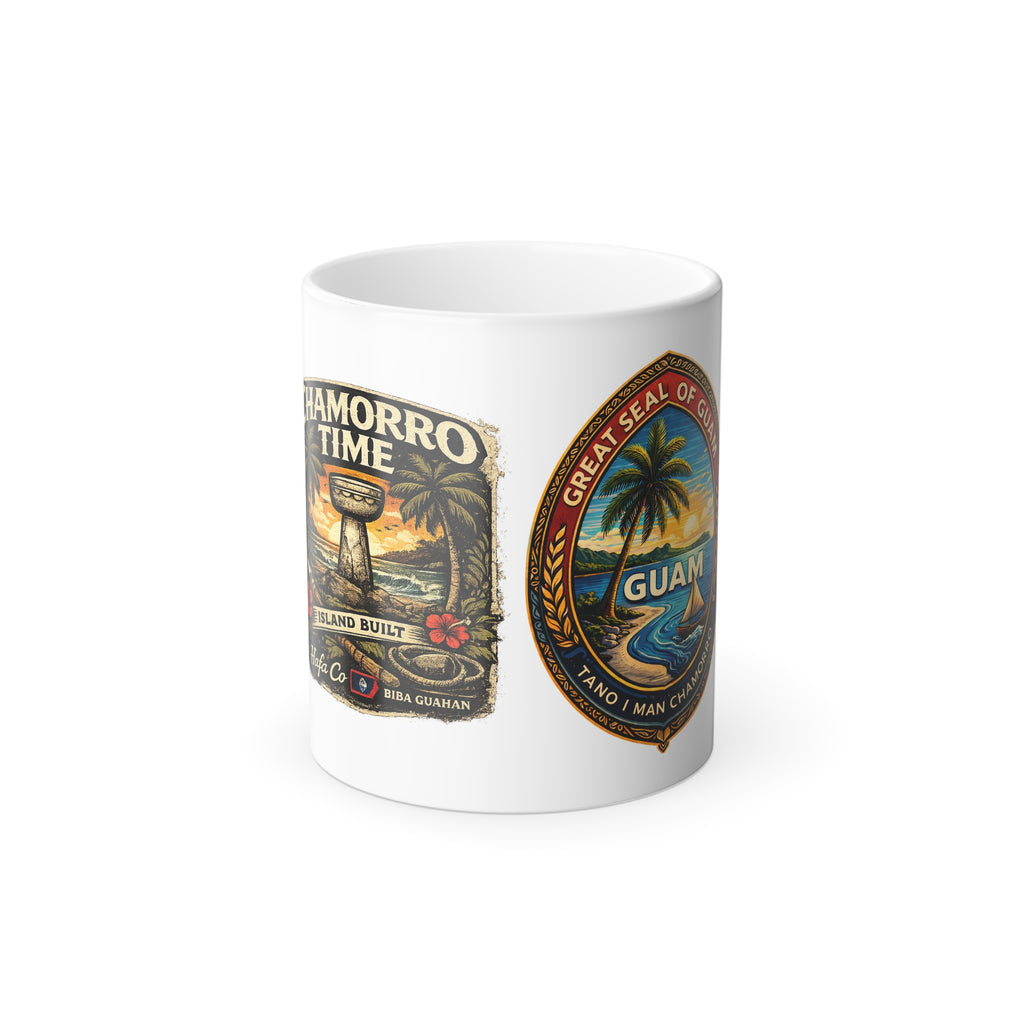 Guam Morphing Mug — Guam Vintage Seal & "Chamorro Time" Travel Patch Design, 11 oz