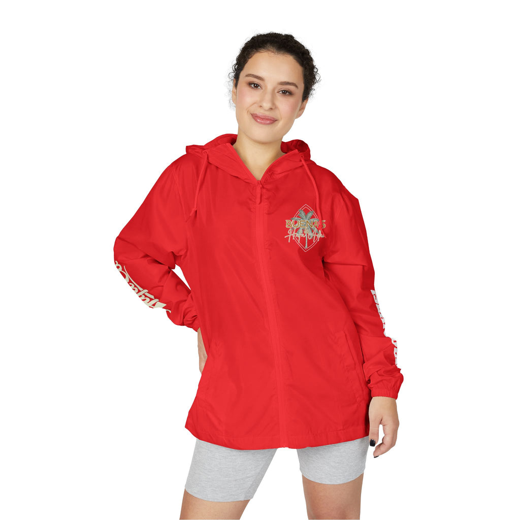 Windbreaker Jacket — 'Buenas & Hafa Adai ' Palm Tree Lightweight Hooded Jacket