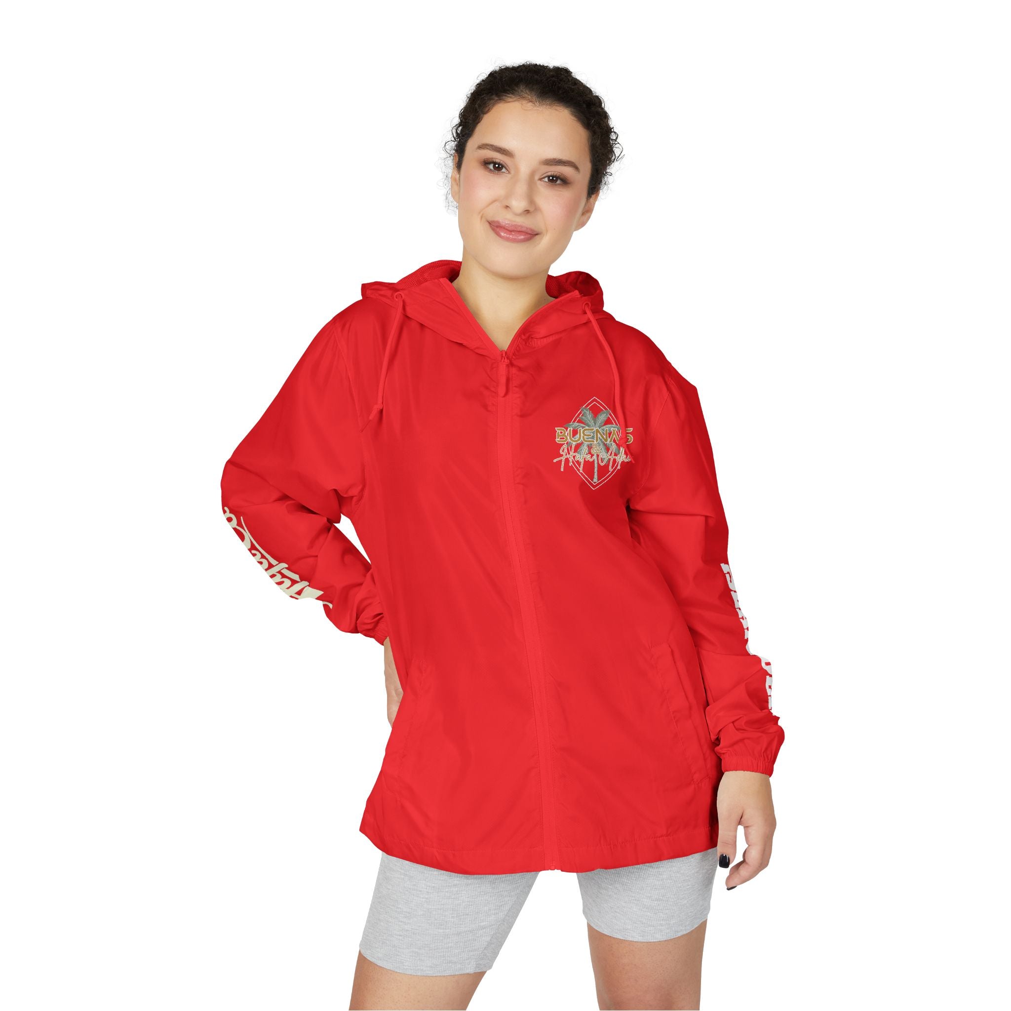 Windbreaker Jacket — 'Buenas & Hafa Adai ' Palm Tree Lightweight Hooded Jacket