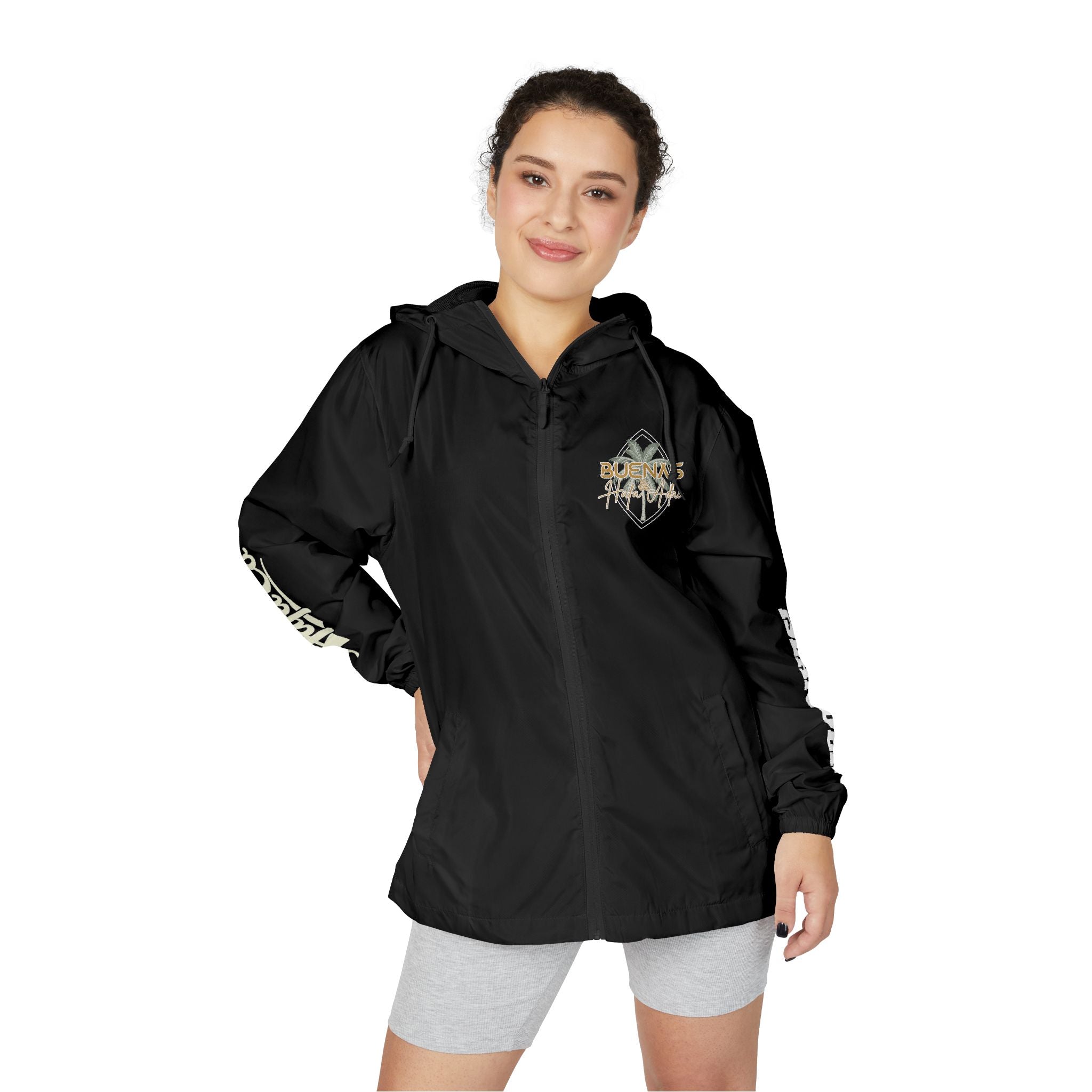 Windbreaker Jacket — 'Buenas & Hafa Adai ' Palm Tree Lightweight Hooded Jacket