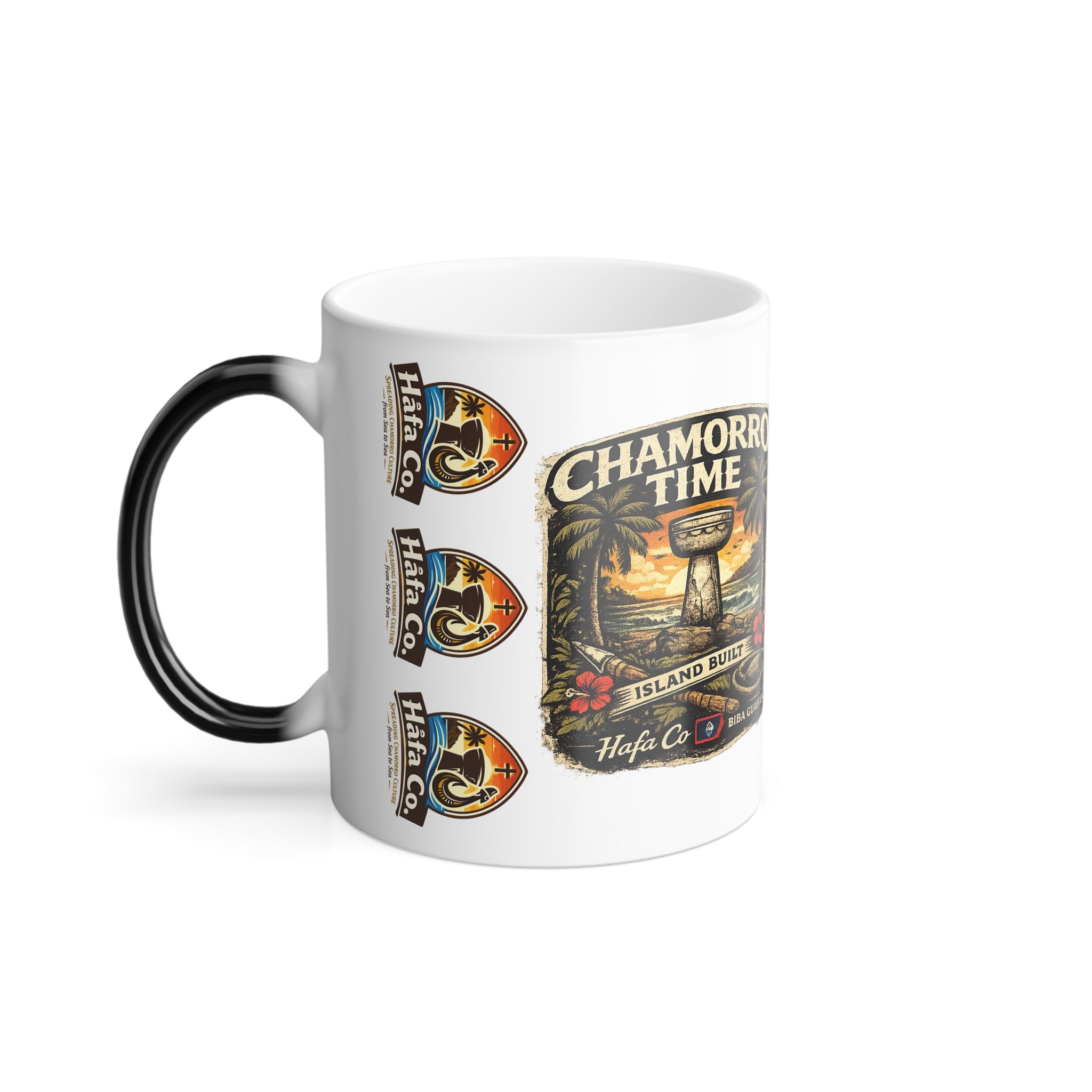 Guam Morphing Mug — Guam Vintage Seal & "Chamorro Time" Travel Patch Design, 11 oz