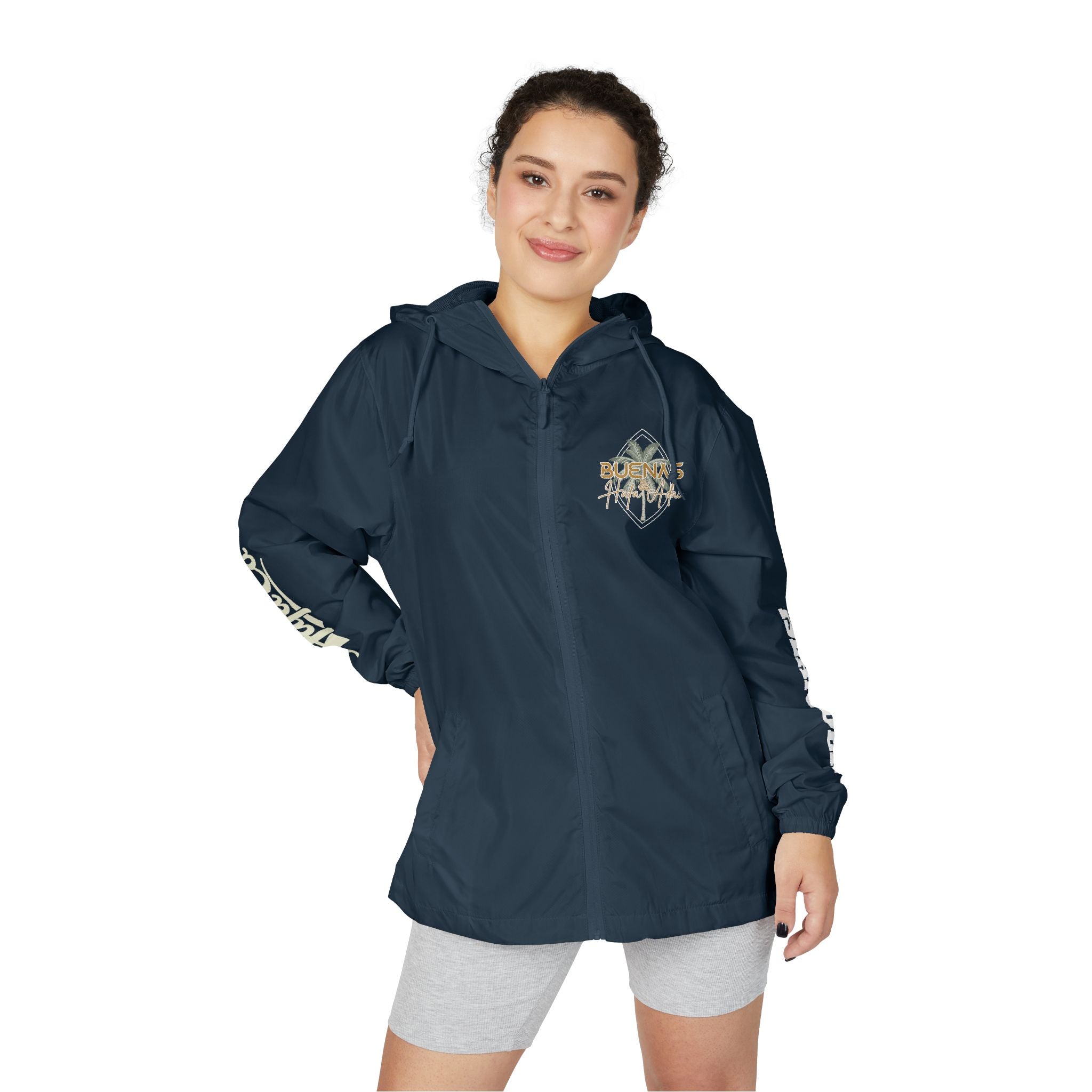 Windbreaker Jacket — 'Buenas & Hafa Adai ' Palm Tree Lightweight Hooded Jacket