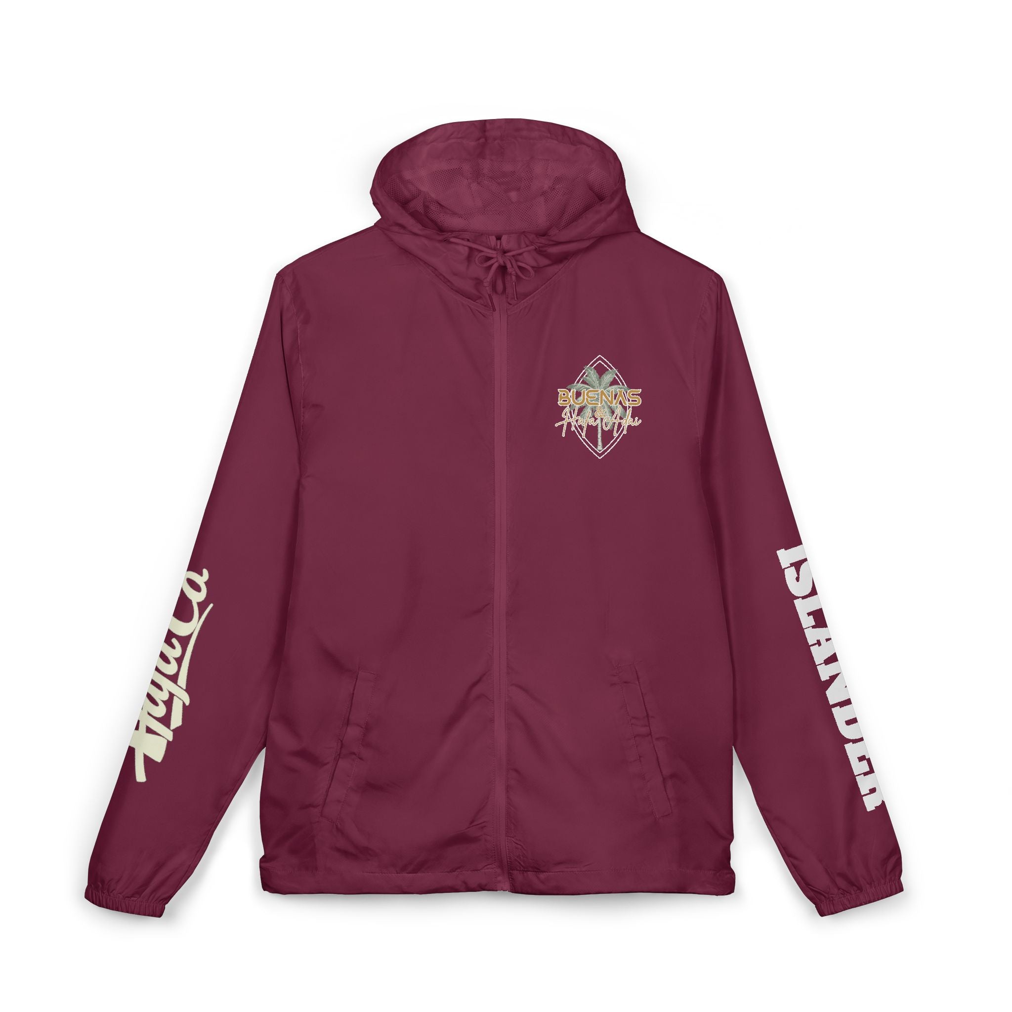 Windbreaker Jacket — 'Buenas & Hafa Adai ' Palm Tree Lightweight Hooded Jacket