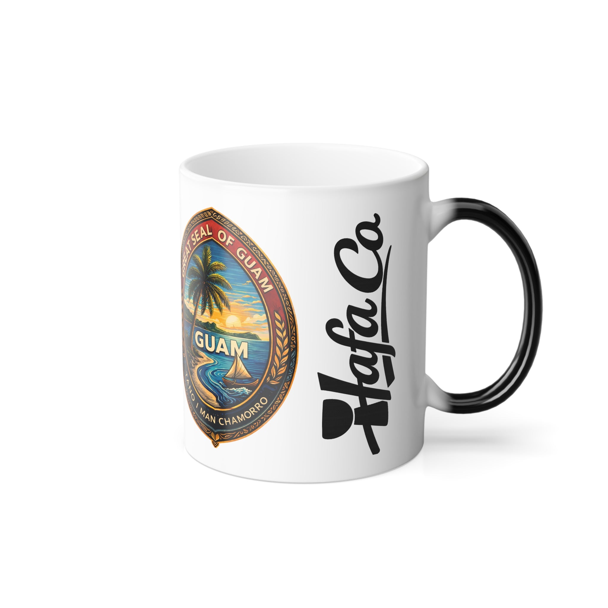 Guam Morphing Mug — Guam Vintage Seal & "Chamorro Time" Travel Patch Design, 11 oz